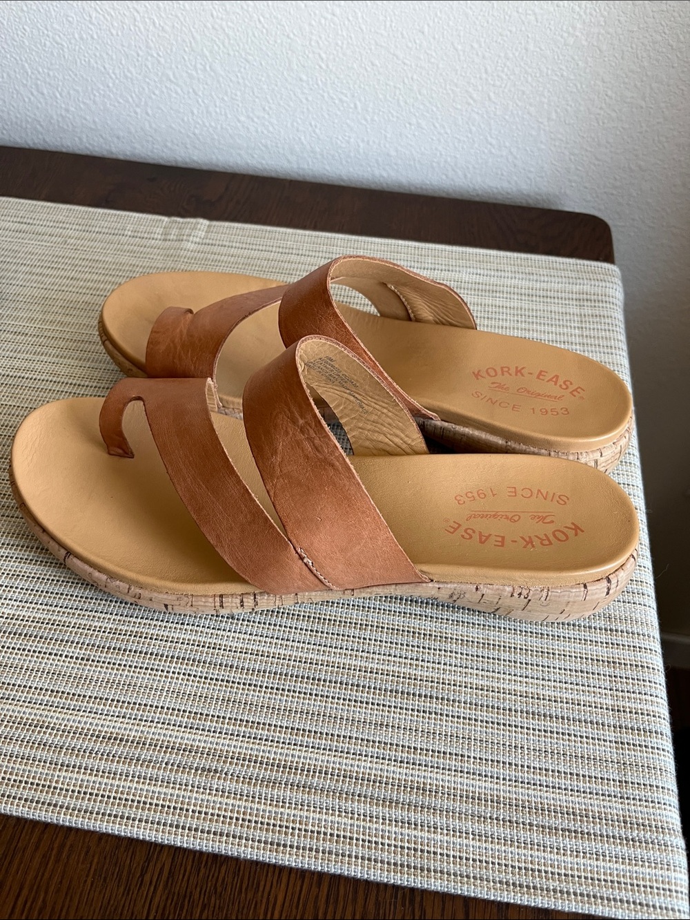 Kork-Ease Women's Tan Leather Slide Sandals Cork Heels Boho - Picture 4 of 9